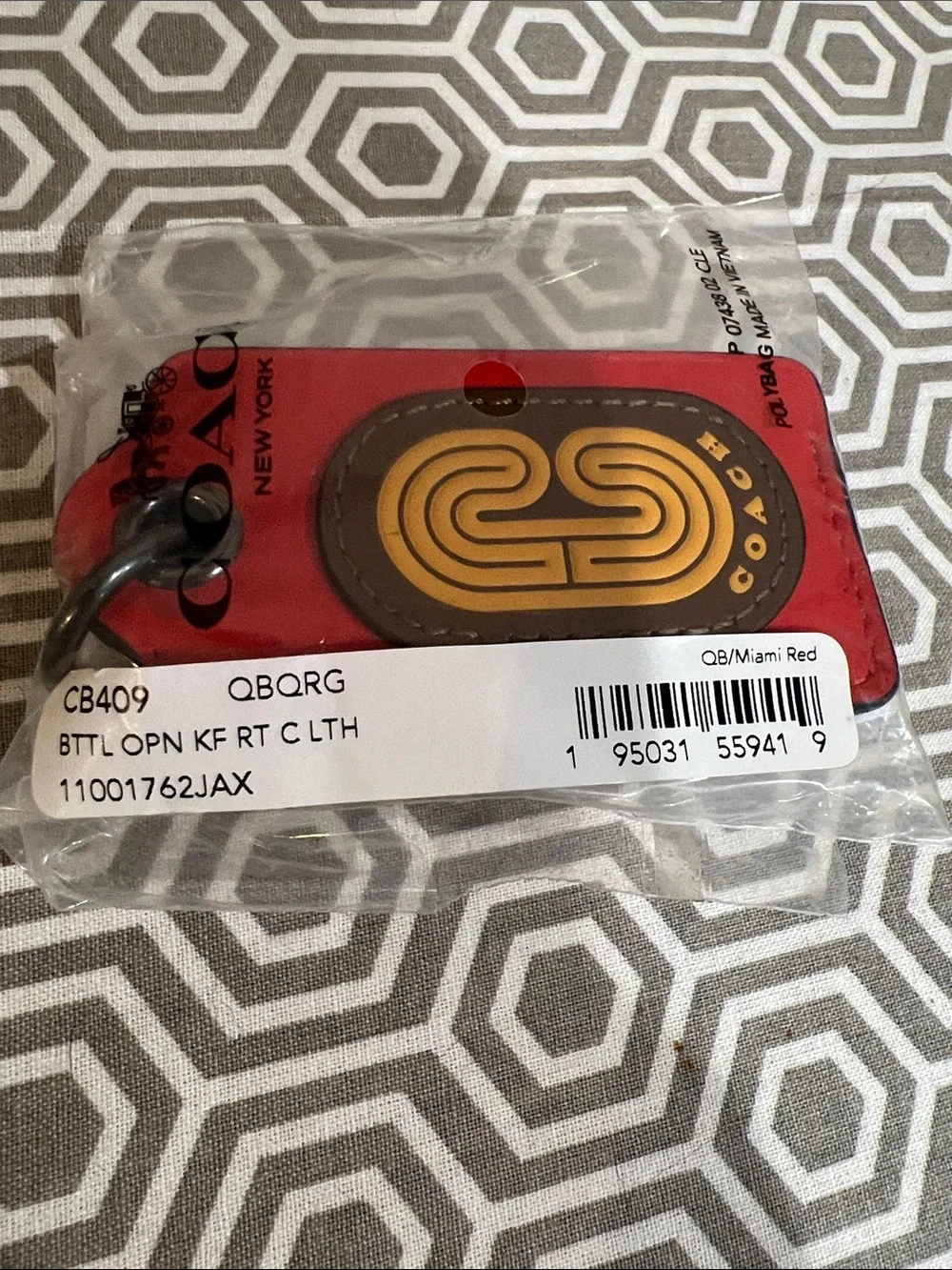 Coach Red Leather Bottle Opener KF RT C Keychain Tag with Yellow Logo Patch